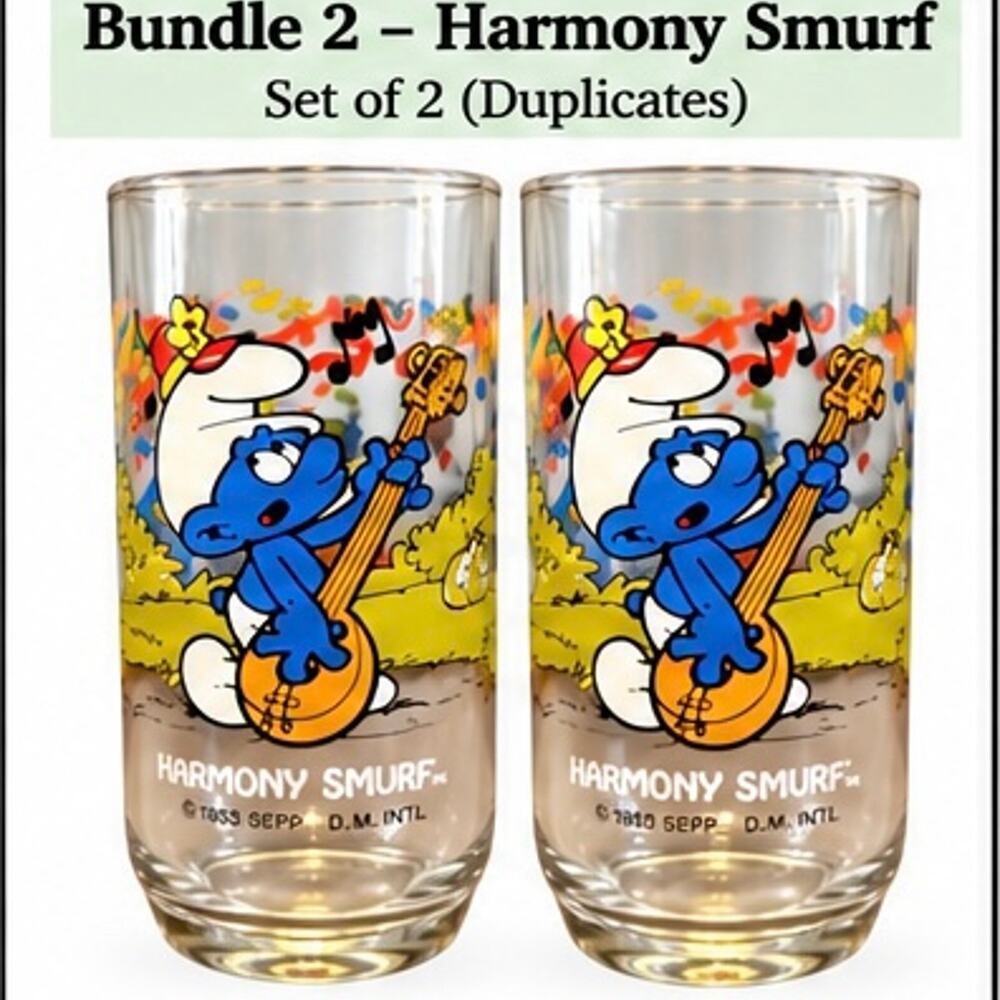 Vintage 1983 Hardee’s Harmony Smurf Glasses Set of 2 Peyo Collector Tumblers